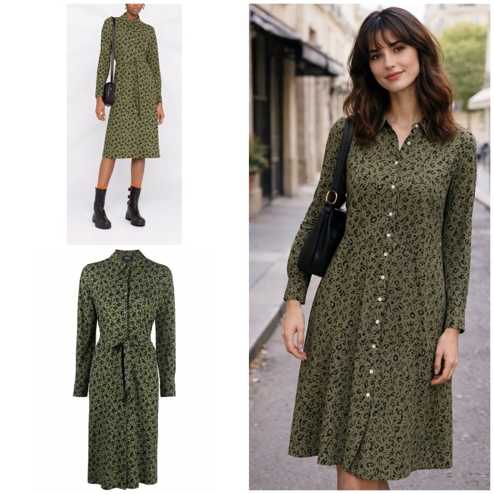 VGUC A.P.C. Floral Print Dre Olive Green Long Sleeve Shirt Midi Cotton Dress M​